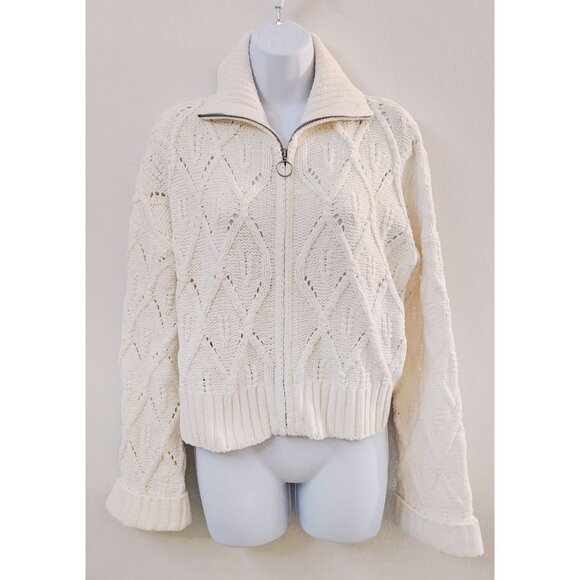 Pink Rose - White Cropped Chunky Sweater with Folded Sleeve and Collar Size M - Picture 2 of 9